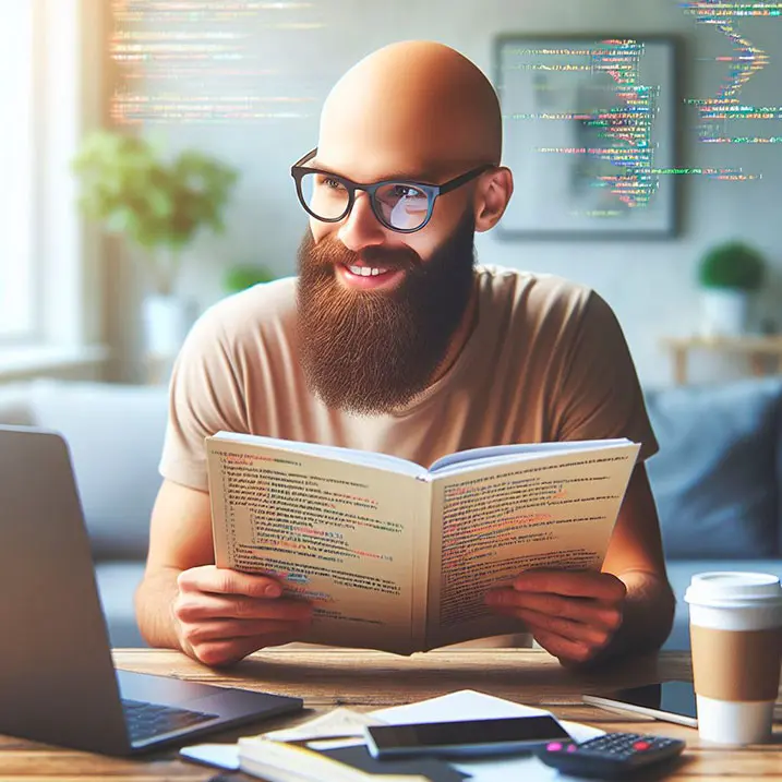 Imagen realizada con IA de una persona estudiando programación en un Bootcamp